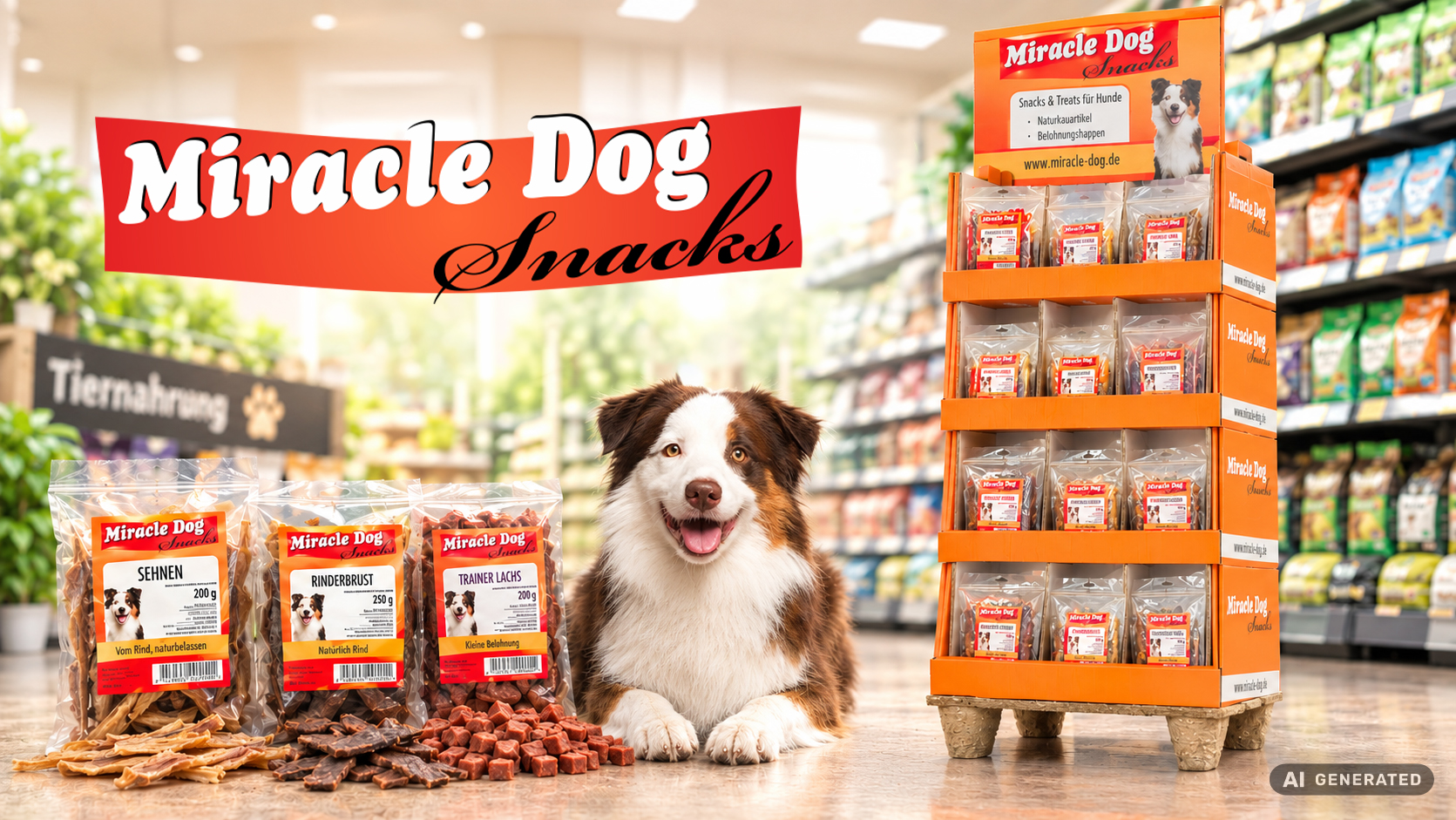 Visualisiertes Miracle Dog Motiv mit Hund, Snacks und Verkaufsdisplay